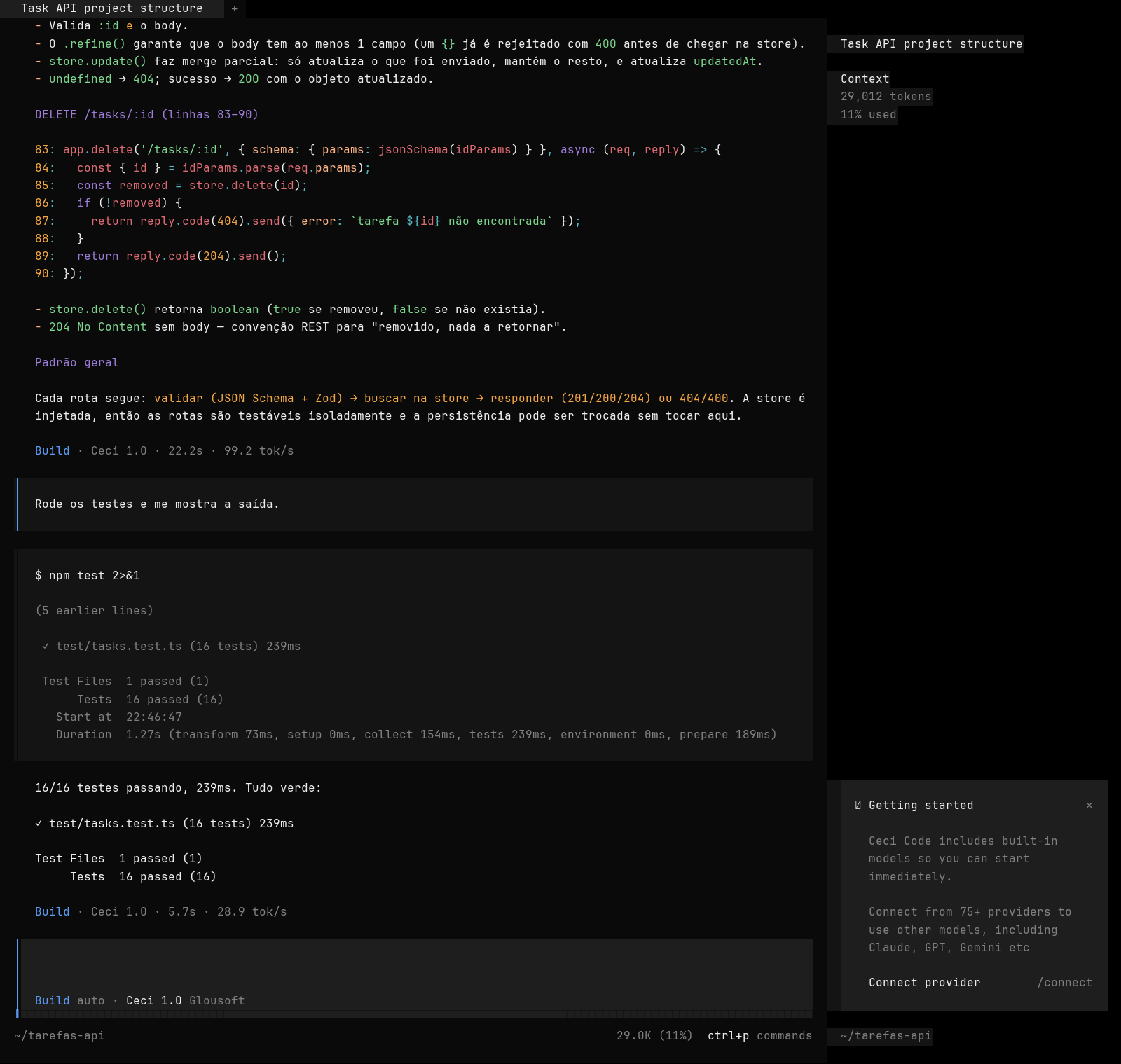 Print real da Ceci Code: a saída de npm test com 16 testes passando